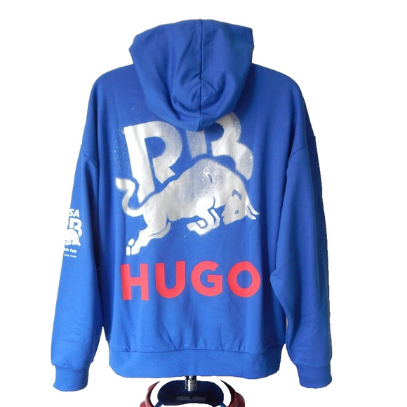 NWT HUGO Running Bulls Graphic Pullover Hoodie Blue in Cotton Terry Men's LARGE - Picture 11 of 13